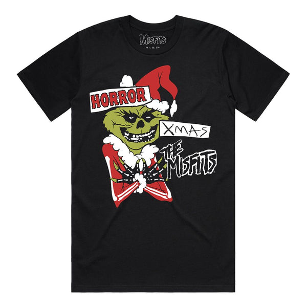 Black tee featuring a green monster in a Santa hat for Misfits Horror Xmas