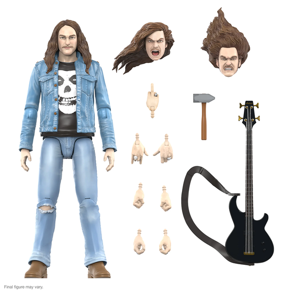 Cliff Burton ULTIMATES figure featuring a long-haired man in denim jacket and skull t-shirt