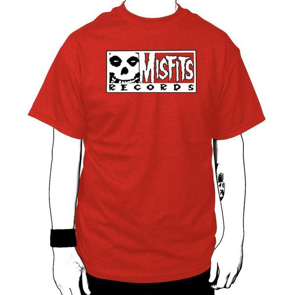 Red Misfits Records Single Logo T-shirt with a skull design on front