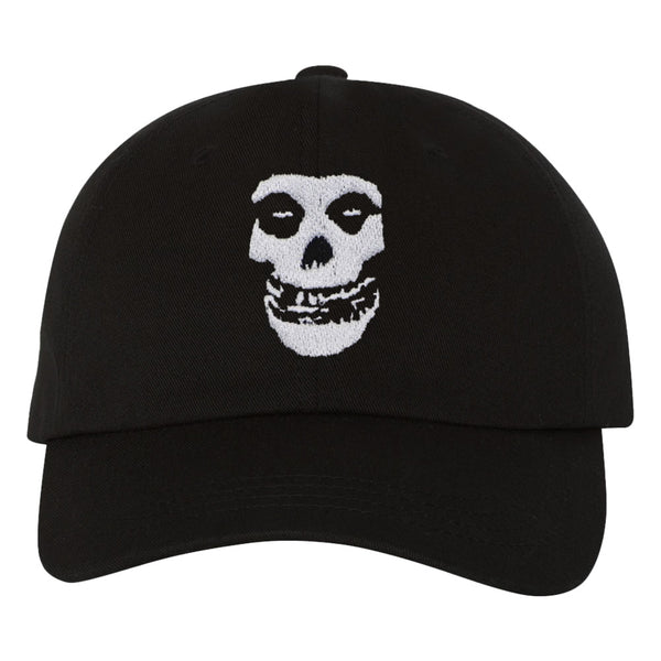 Black baseball cap featuring Misfits Fiend Skull embroidery on the front
