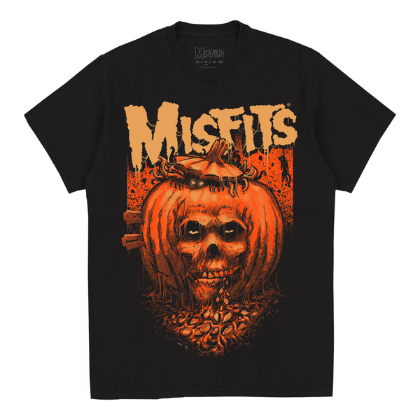 Black t-shirt with Misfits-themed razor blade pumpkin skull design for Halloween