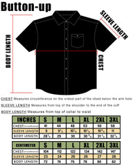 Black short sleeve button-up shirt with size chart for Misfits All Over design