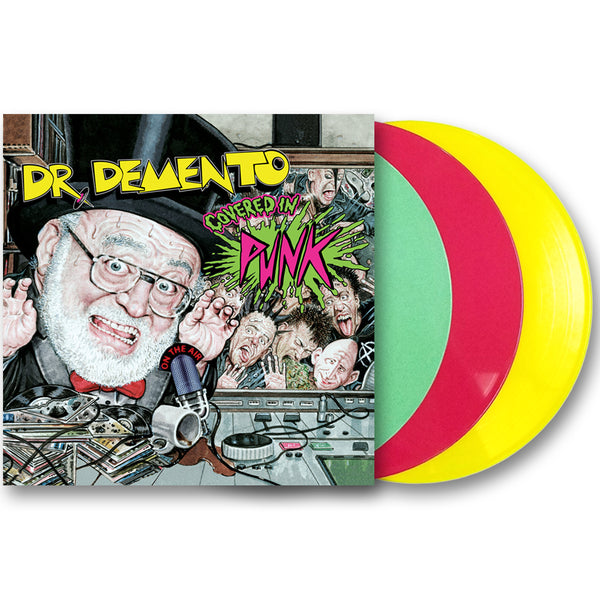 Colorful vinyl records and chaotic album cover of Dr. Demento Covered in Punk LP