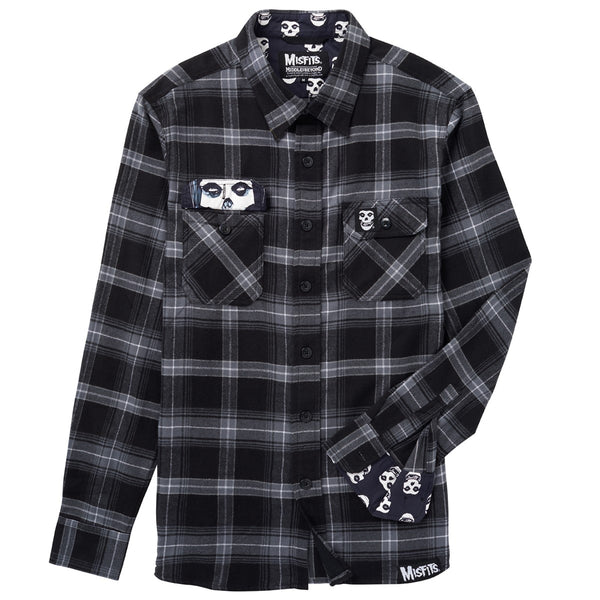 Black and gray plaid long sleeve flannel shirt with skull motif details