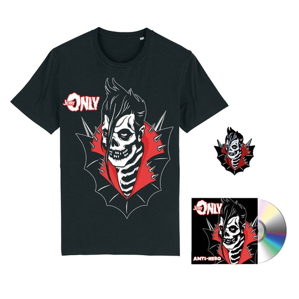 Black t-shirt with skull face design and maple leaf for JERRY ONLY Anti-Hero Deluxe CD Bundle