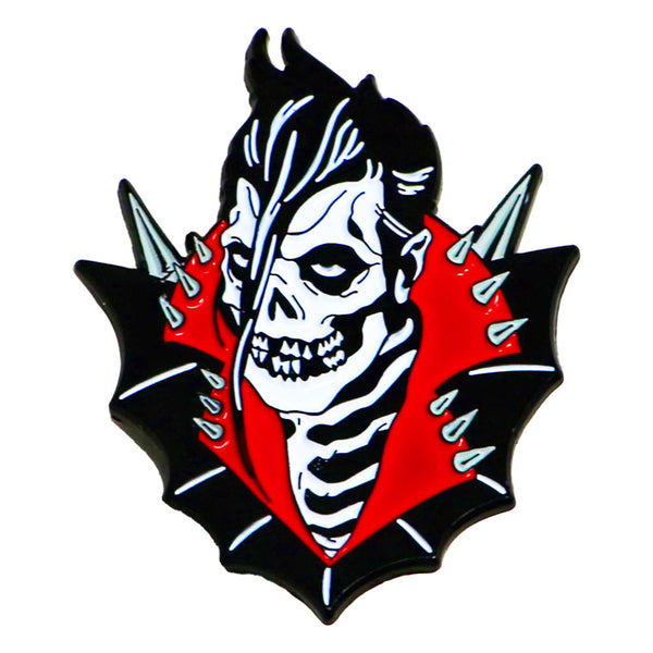 Stylized skull-faced character enamel pin with punk rock aesthetic and spiked collar