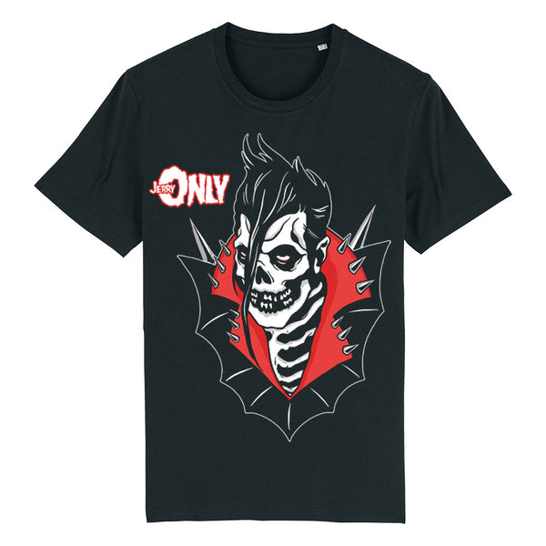 Black tee featuring a skull-faced character design with dark ink on a vibrant red background