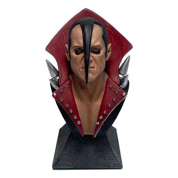 Menacing mini bust of Misfits Jerry Only in a red hooded cloak with spikes