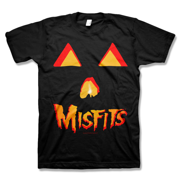 Black t-shirt with official Misfits pumpkin jack-o-lantern face design for Halloween