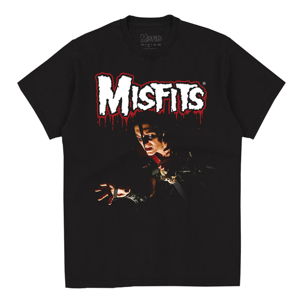 Black tee featuring Misfits band logo and shadowy figure graphic, Double Feature Black Tee