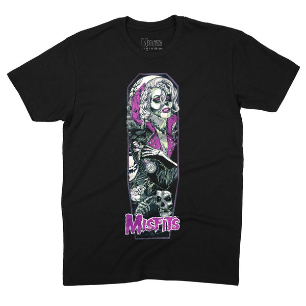 Black Women’s Tee featuring gothic skeleton design and Misfits text in pink, Ghoul Fiend Black