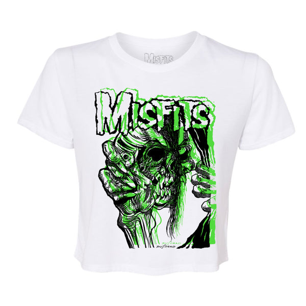 White T-shirt with green evil eye skull graphic and Misfits text design, Sketch Evil Eye