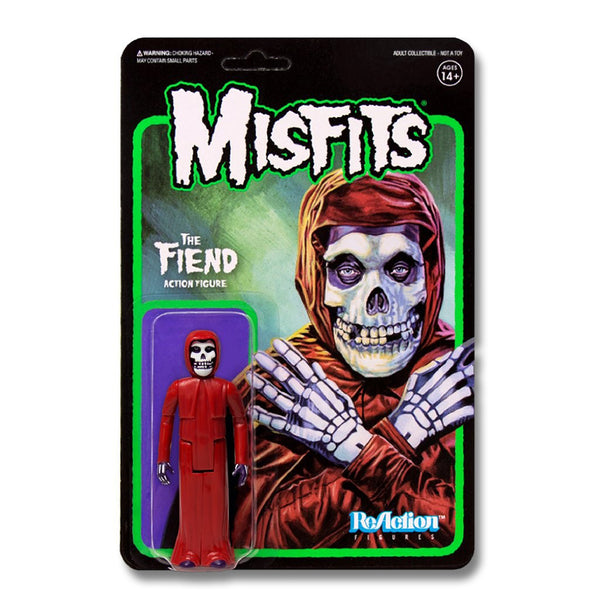 Action figure packaging for Crimson Red Misfits Fiend featuring a skeletal face design