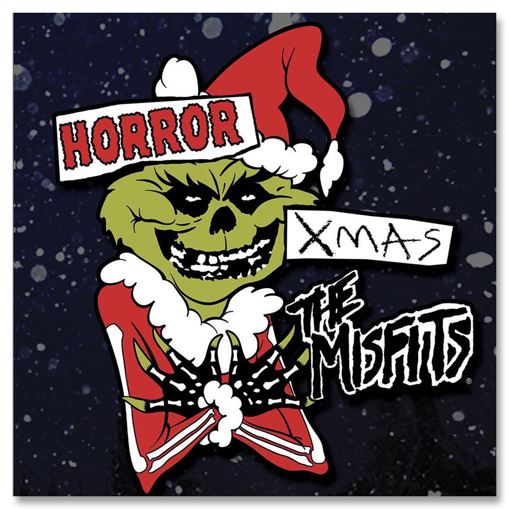 Green-faced skull in Santa outfit on starry background for Misfits Horror Xmas CD
