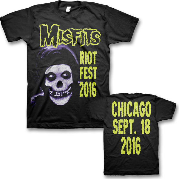 Black T-shirt with Misfits logo and skull graphic for Original Misfits Reunion at Riot Fest