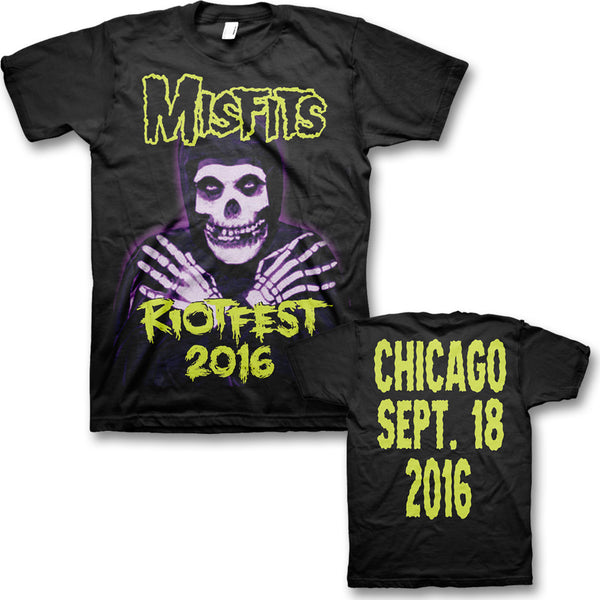 Black Misfits Reunion T-shirt featuring skull design and event details from Riot Fest 2016