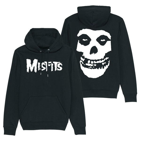 Two black Misfits Fiend Skull pullover hoodies featuring iconic band logos