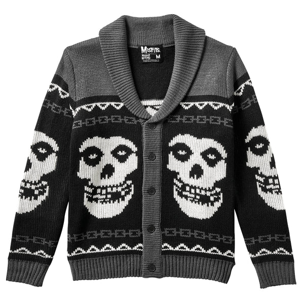 Knitted Misfits Fiend Cardigan sweater with bold skull designs in black and white
