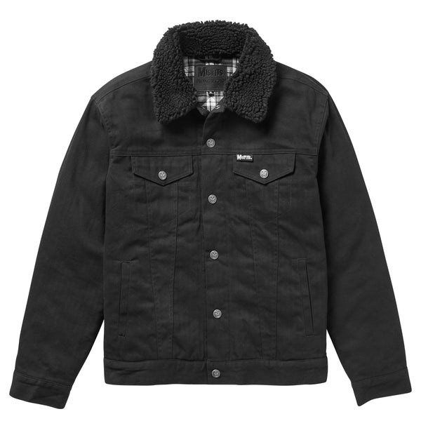 Black denim Misfits Sherpa Collar Jacket with chest pockets and a cozy sherpa collar