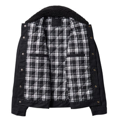 Black denim Misfits Sherpa Collar Jacket with plaid lining and cozy sherpa collar