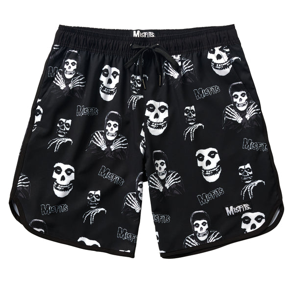 Black Misfits Hybrid Shorts featuring white skull and skeleton hand patterns