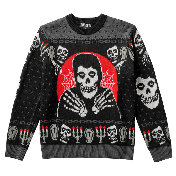 Halloween-themed Misfits Fiend Pullover sweater with skull and skeleton designs