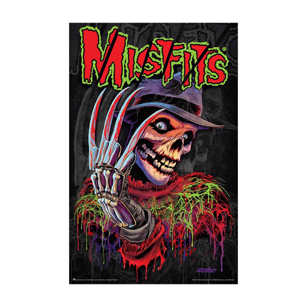 Ghoulish skeleton with hat and clawed hand on Nightmare Fiend black light poster