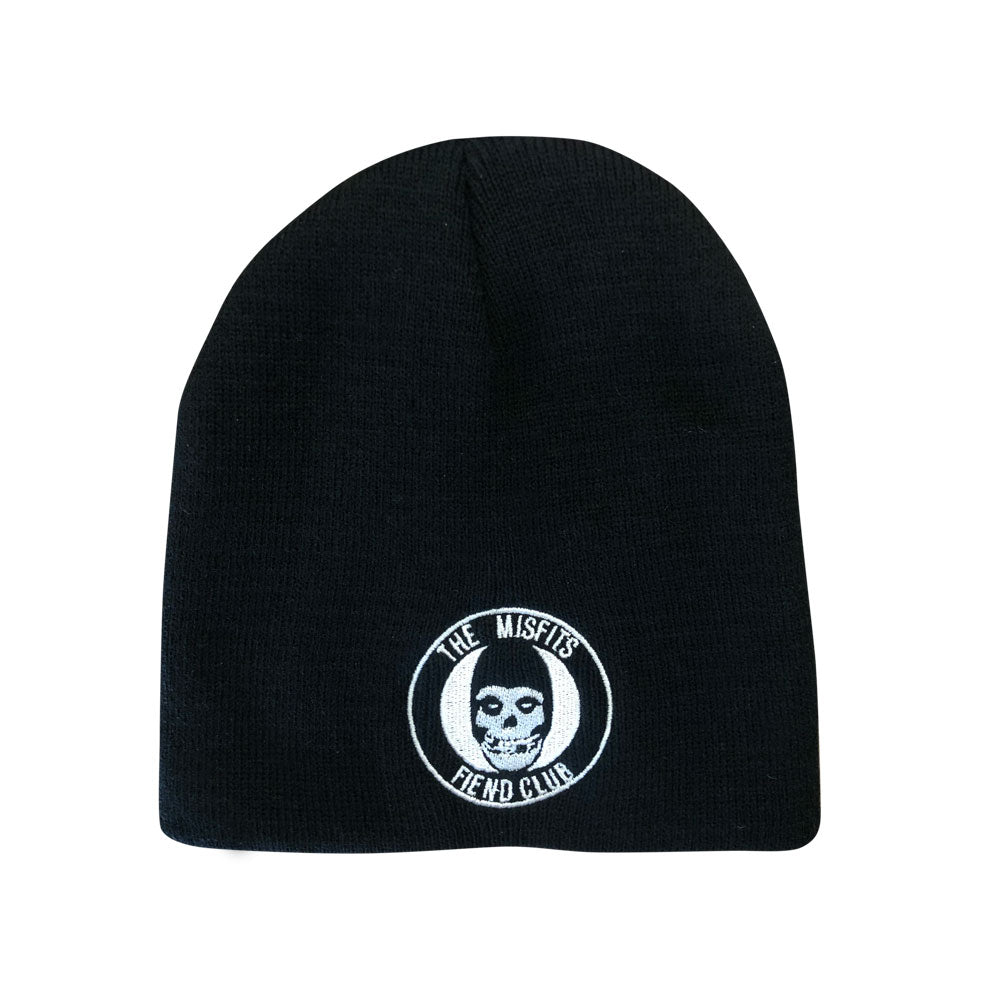 Black knit Fiend Club Beanie featuring a circular skull logo patch