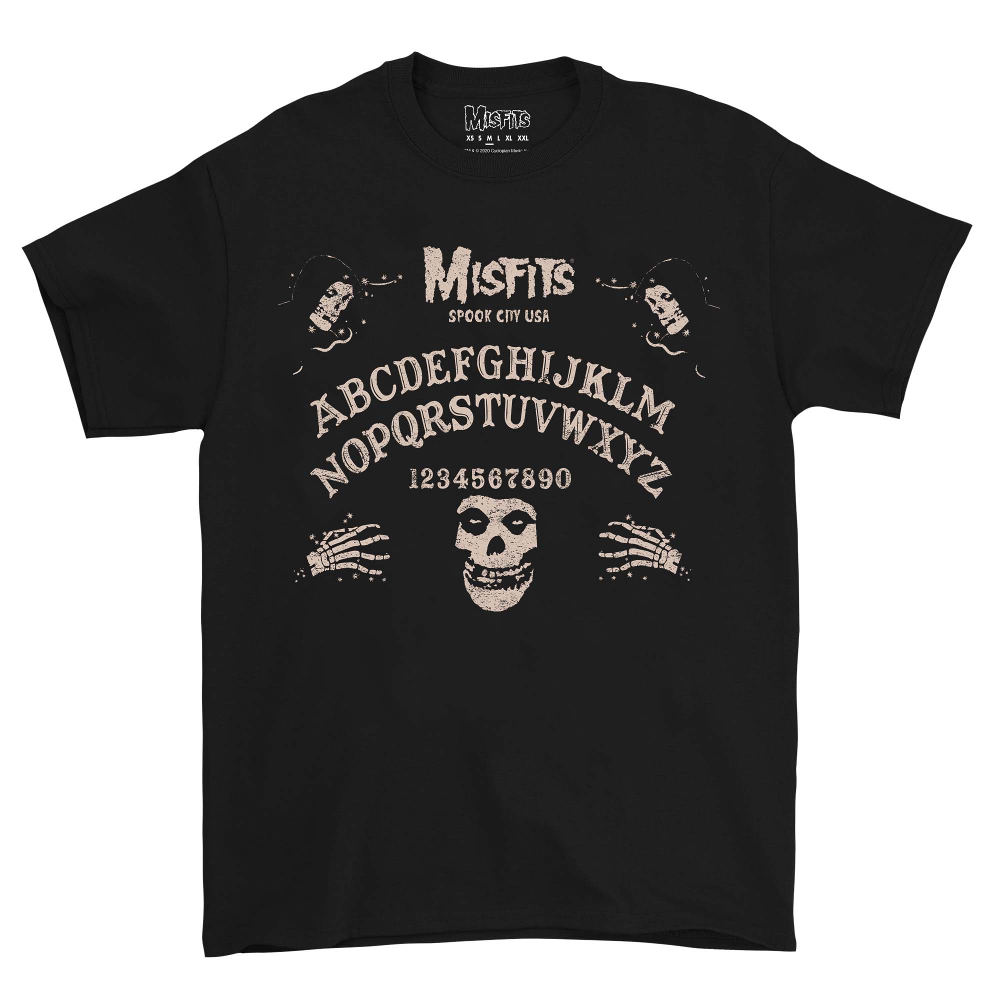 Black t-shirt with Ouija board design and Misfits branding, perfect for spirit board black fans