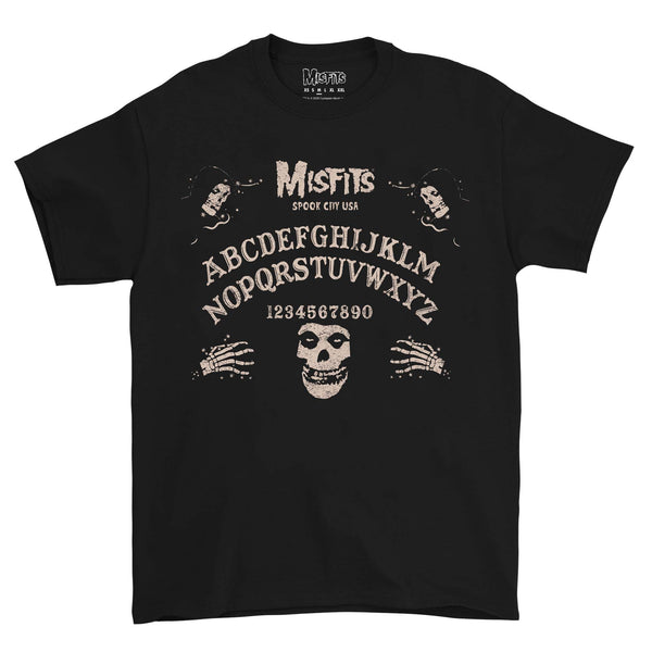 Black t-shirt with Ouija board design and Misfits branding, perfect for spirit board black fans
