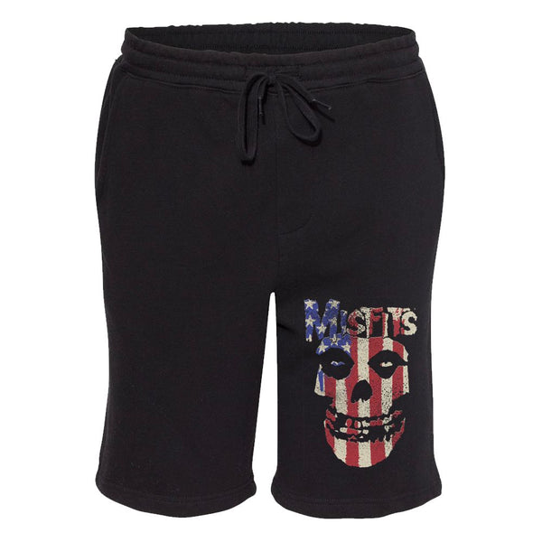 Black fleece shorts with stripes fiend skull and American flag design on the leg