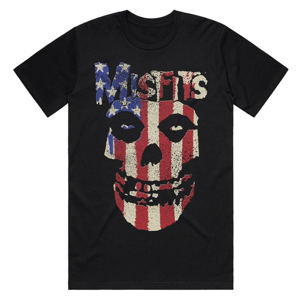 Black tee with Stripes Fiend Skull design and Misfits text in American flag pattern