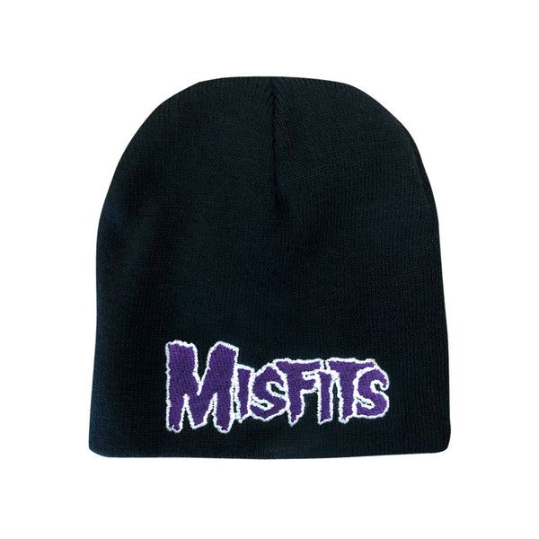 Black knit beanie with purple Misfits logo embroidery for official Misfits fans