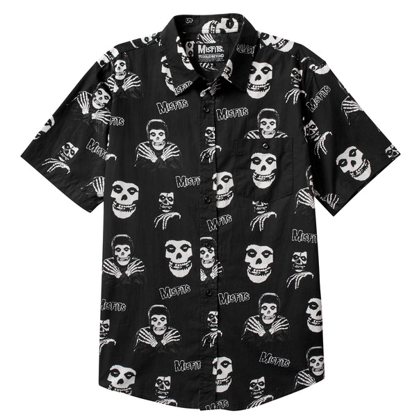 Black short sleeve button-up shirt featuring a skull and skeleton hand print pattern