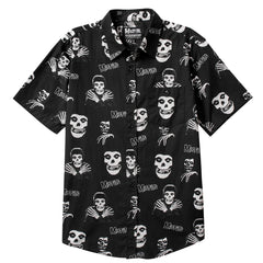 Black short sleeve button-up shirt featuring a skull and skeleton hand print pattern