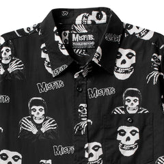 Black short sleeve button-up shirt with Misfits skull and skeleton hand designs