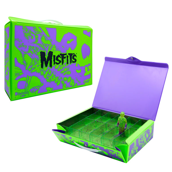 Bright green and purple Misfits carry case with skull designs and exclusive Fiend figure