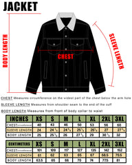 Sizing chart for Misfits Sherpa Collar Jacket with measurement instructions