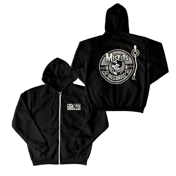 Black zip-up hoodie featuring Misfits Records logo on the back, Misfits Records Hoodie