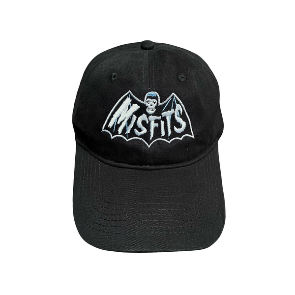 Black baseball cap with Misfits bat logo embroidered featuring skull and bat wings