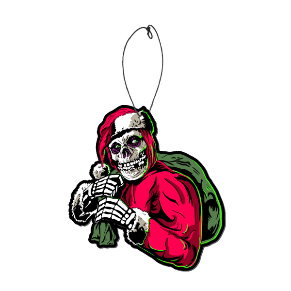 Skeleton dressed as Santa carrying a green sack for Misfits Holiday Fiend Fear Freshener