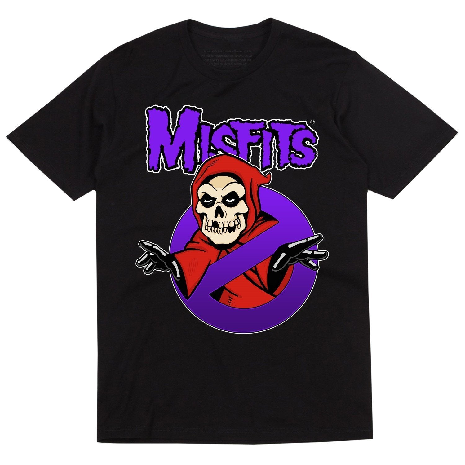 Black t-shirt with Misfits logo and skeletal figure for Crimson Ghostbuster Black Tee