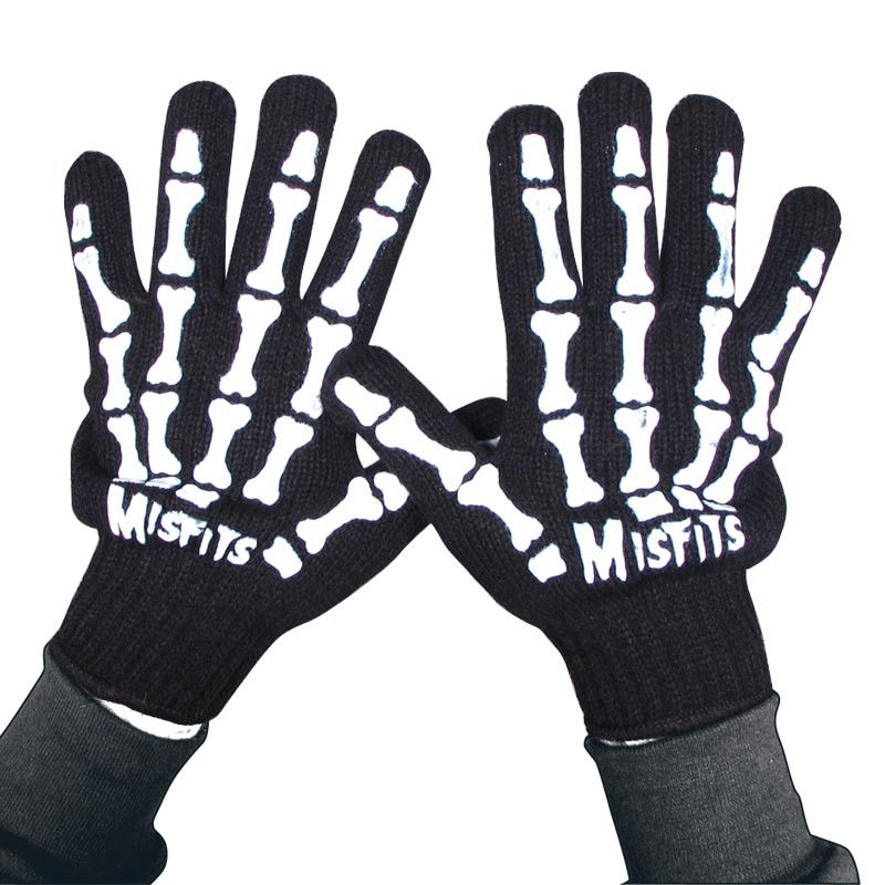 Black Skeleton Hand Knited Gloves with White Bone Design and Misfits Text
