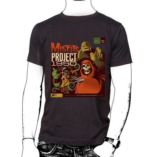 Black t-shirt with colorful Misfits Project 1950 graphic and skeleton design