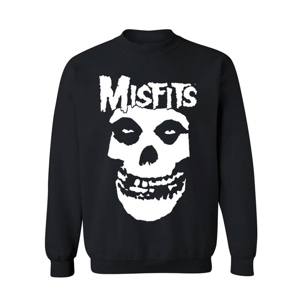 Black crewneck fleece featuring the Misfits Fiend Skull design with white skull logo