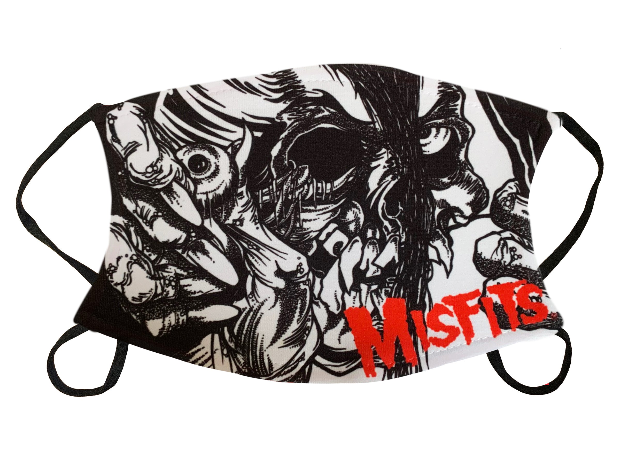Black and white graphic face mask featuring the red Misfits logo and an evil eye design