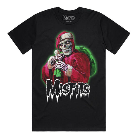 Black tee featuring a skeletal figure in red robes with Misfits logo for Holiday Fiend