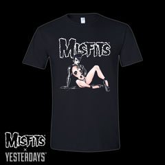 Black tee featuring Misfits Fiendish logo and vintage pin-up art design