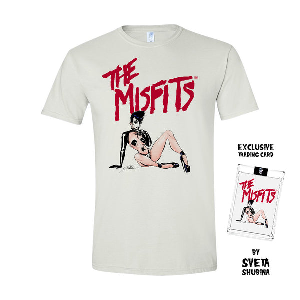 White tee featuring Misfits logo and cartoon woman, includes trading card