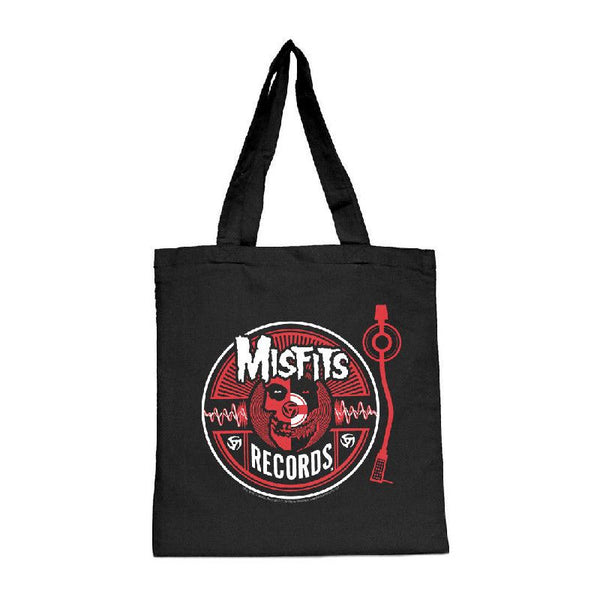 Black tote bag with Misfits Records logo design, featuring Wave Circle Tote style